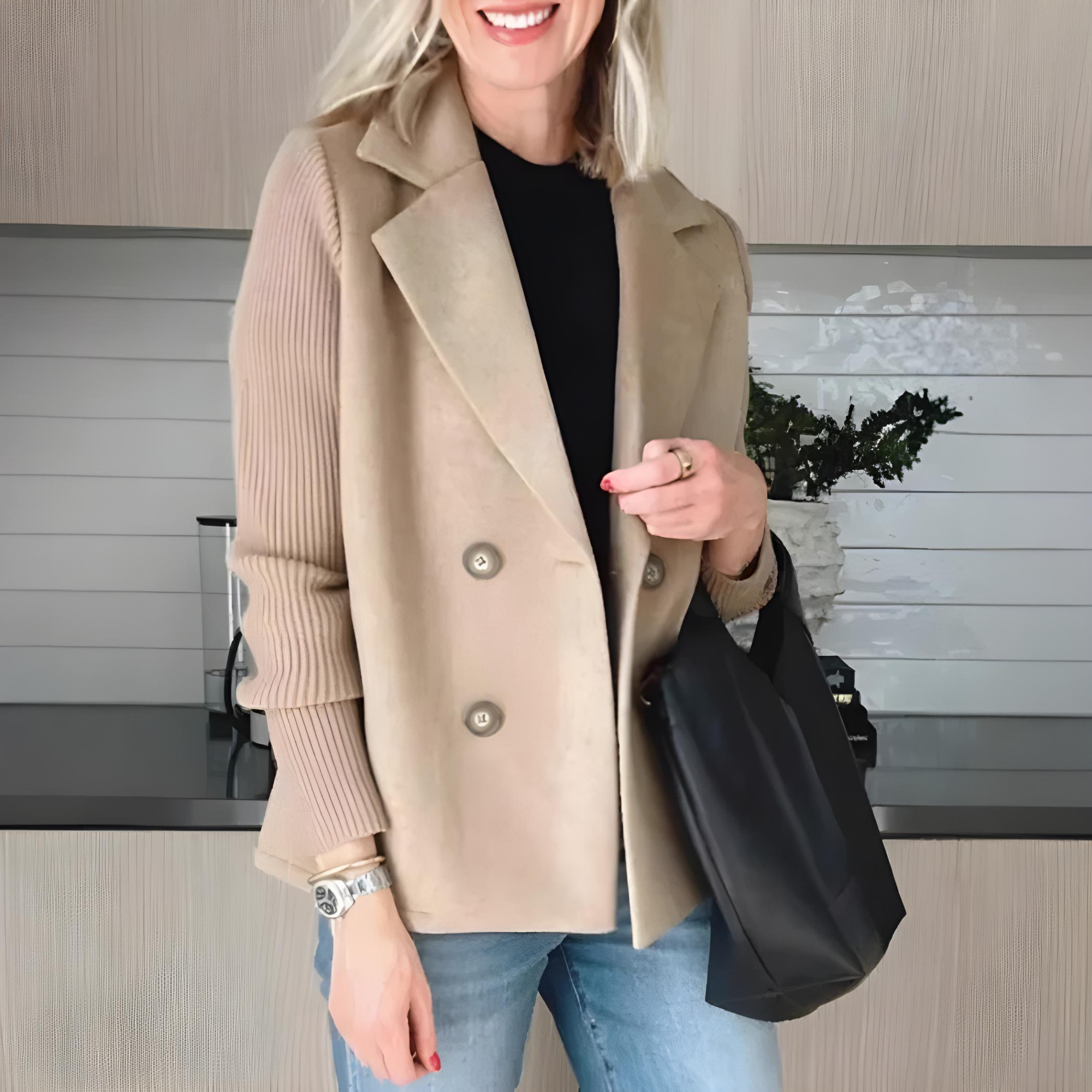 Damaris | Women's Structured Lapel Coat - Elegant Tailored Wool Blend Longline Overcoat Beige