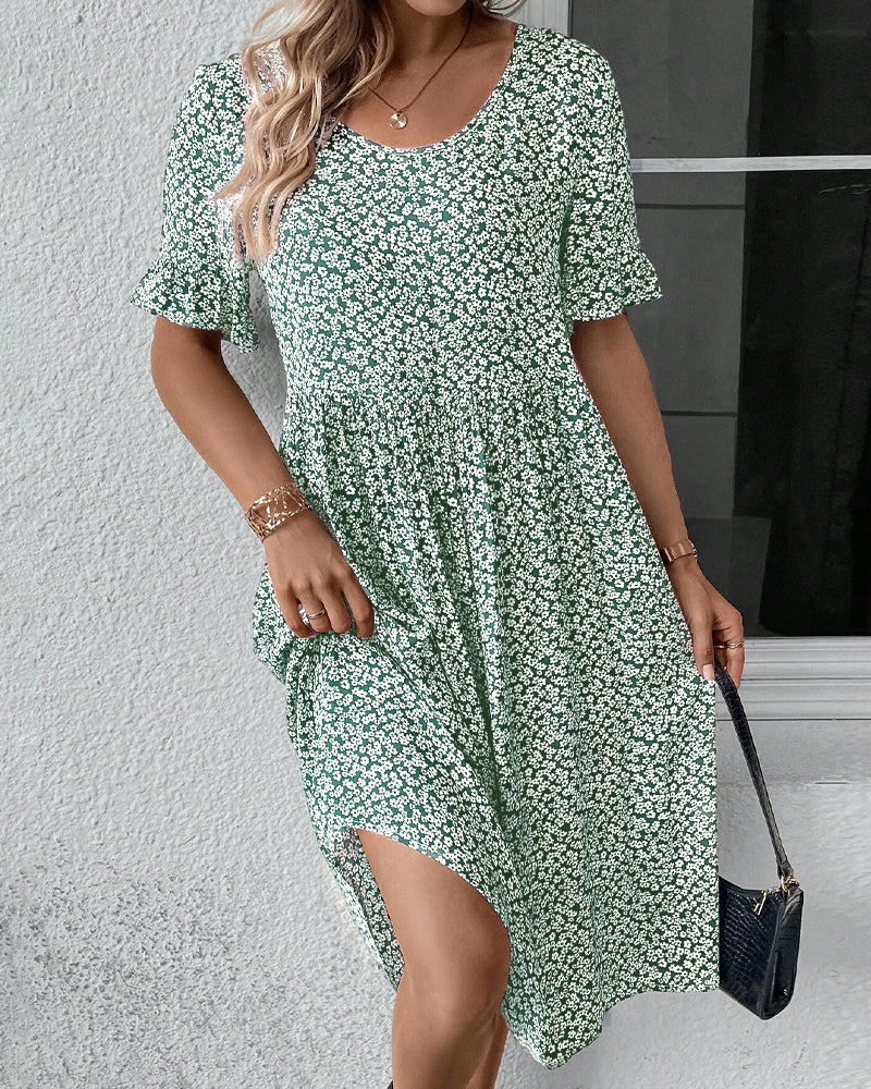 Damaris | Midi Dress with Floral Print, Round Neck and Short Sleeves for Women | Ideal for Day and Evening