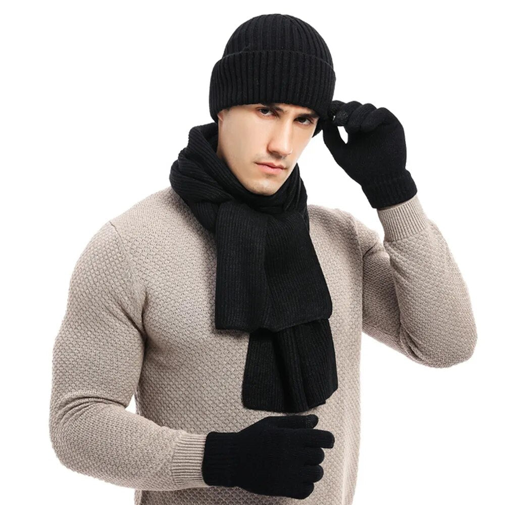 Hommes | Men's 3-Piece Winter Accessories Set - Knitted Beanie Hat, Scarf & Touchscreen Gloves