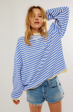 Mechi | Women's Striped Oversized Sweater - Loose Fit Knit Pullover Blue