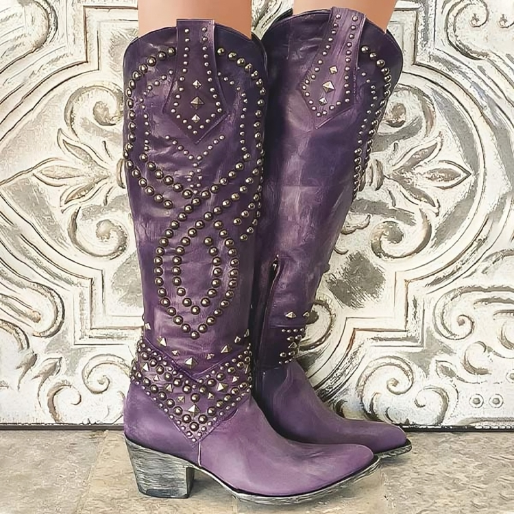 Chāme | Women's Western Knee-High Boots - Pointed Toe Cowboy & Cowgirl Tall Boots Purple
