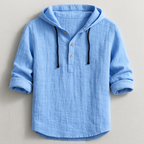 Dunkelblauer Herren-Hoodie aus Leinen mit Knopfleiste und Kapuze, lässiger Stil, ideal für Freizeitmode und Herbstbekleidung.