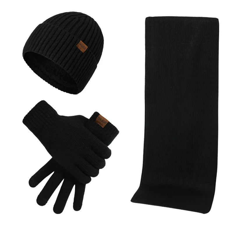 Hommes | Men's 3-Piece Winter Accessories Set - Knitted Beanie Hat, Scarf & Touchscreen Gloves Black