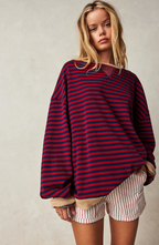 Mechi | Women's Striped Oversized Sweater - Loose Fit Knit Pullover Dark Blue & Red