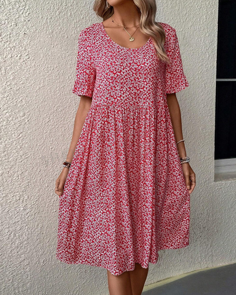 Damaris | Midi Dress with Floral Print, Round Neck and Short Sleeves for Women | Ideal for Day and Evening