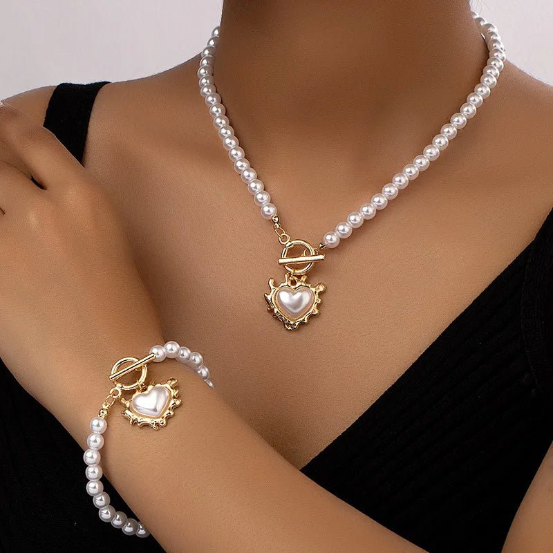 Zahara | 2pc Beaded Heart Pendant Bracelet and Necklace Set – Luxury Designer Jewelry Set & Minimalist Layering Chain Melted Heart