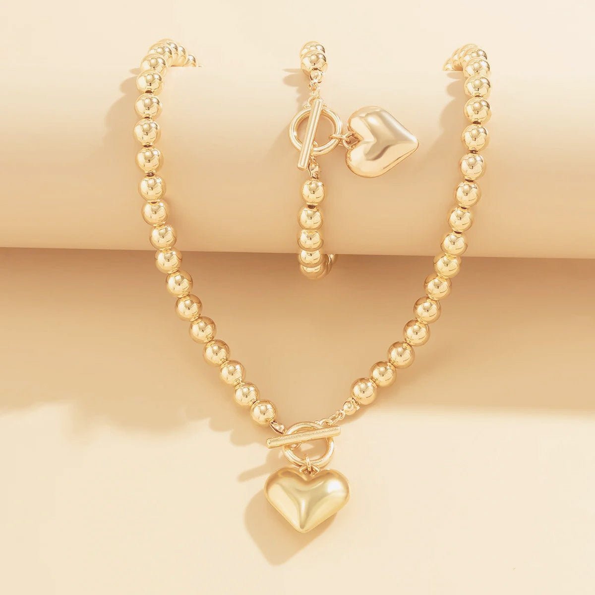 Zahara | 2pc Beaded Heart Pendant Bracelet and Necklace Set – Luxury Designer Jewelry Set & Minimalist Layering Chain