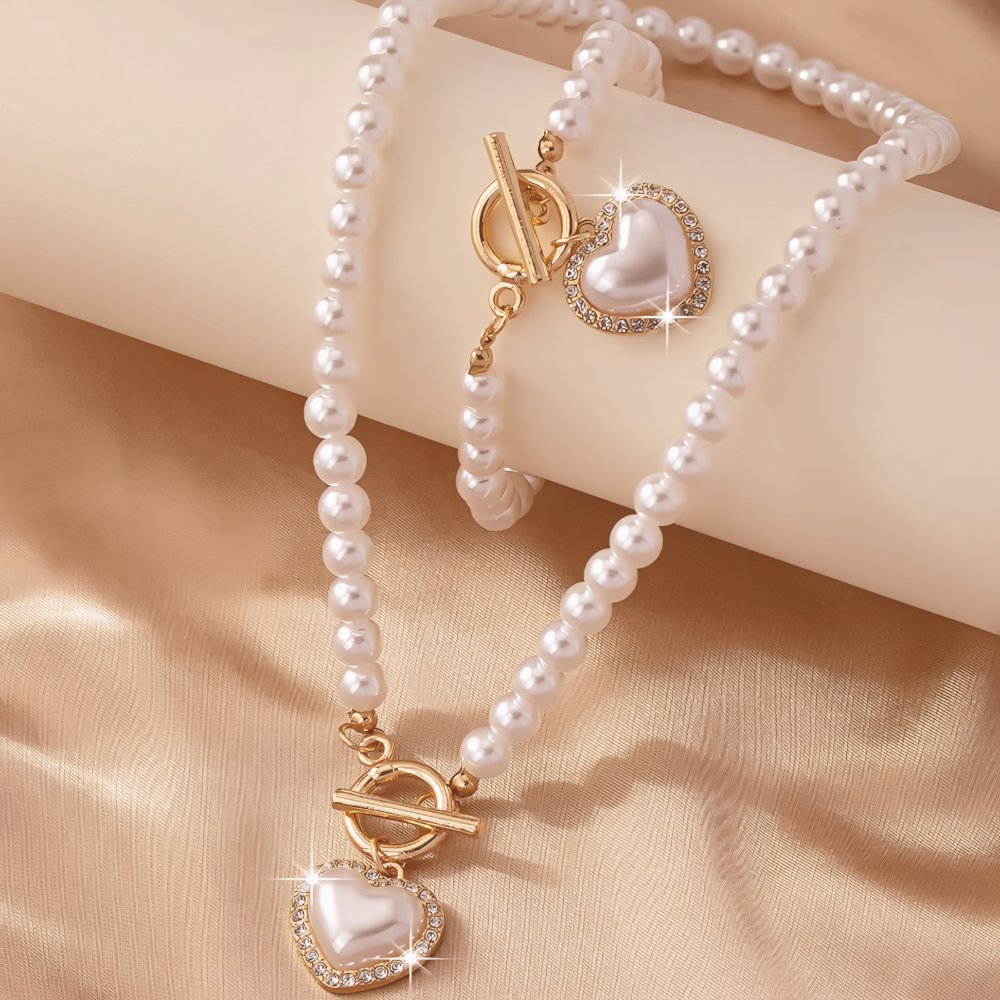 Zahara | 2pc Beaded Heart Pendant Bracelet and Necklace Set – Luxury Designer Jewelry Set & Minimalist Layering Chain