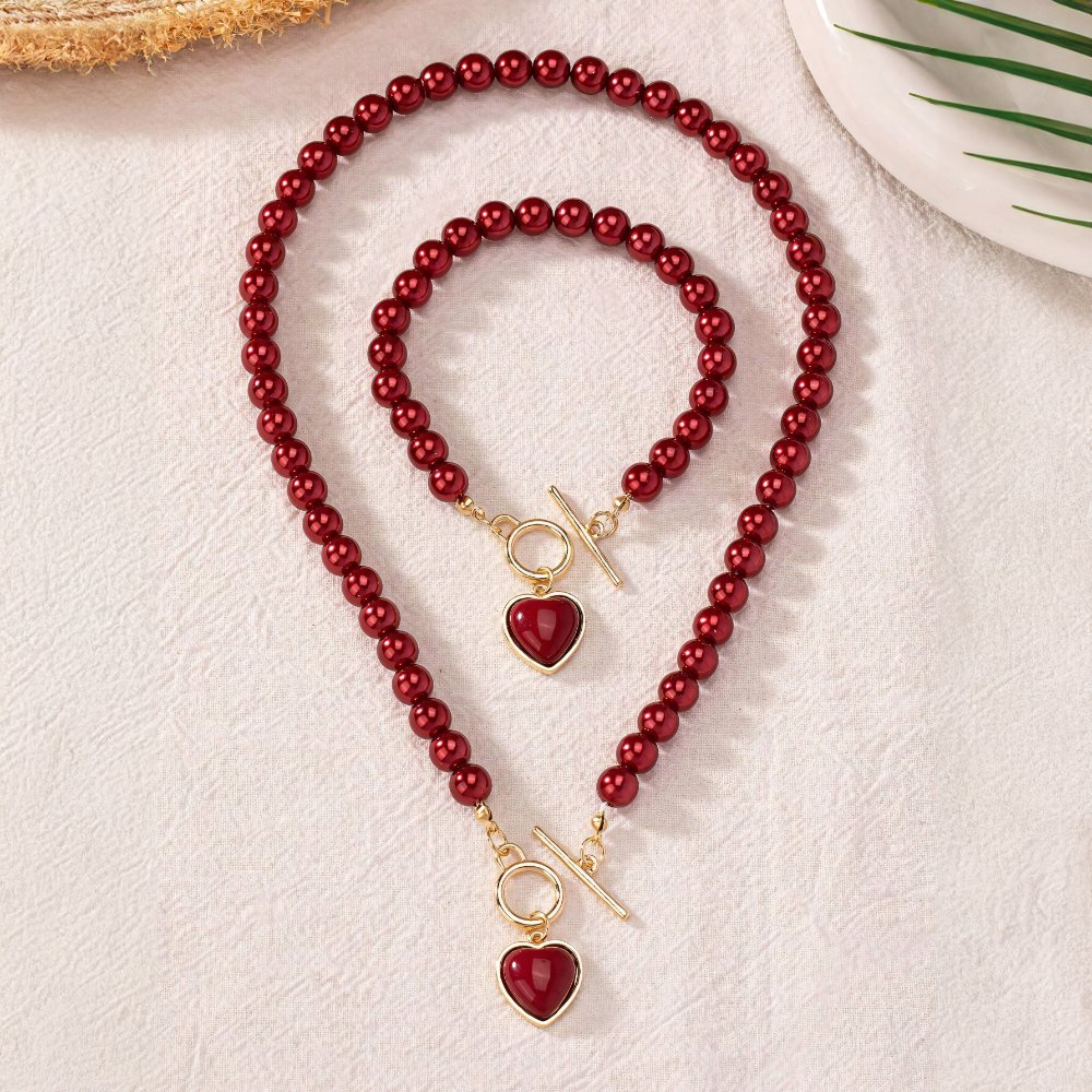 Zahara | 2pc Beaded Heart Pendant Bracelet and Necklace Set – Luxury Designer Jewelry Set & Minimalist Layering Chain