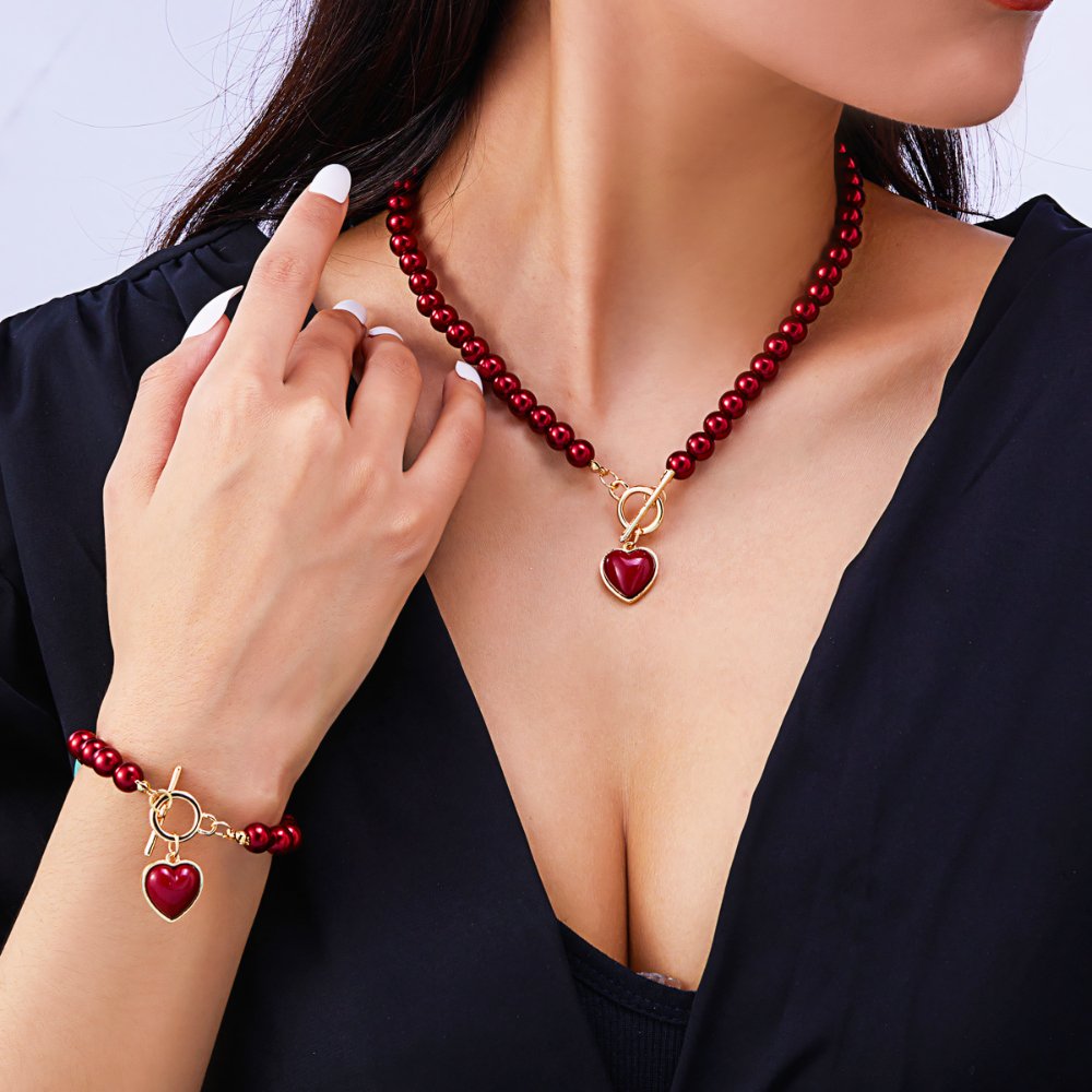 Zahara | 2pc Beaded Heart Pendant Bracelet and Necklace Set – Luxury Designer Jewelry Set & Minimalist Layering Chain Crimson Love