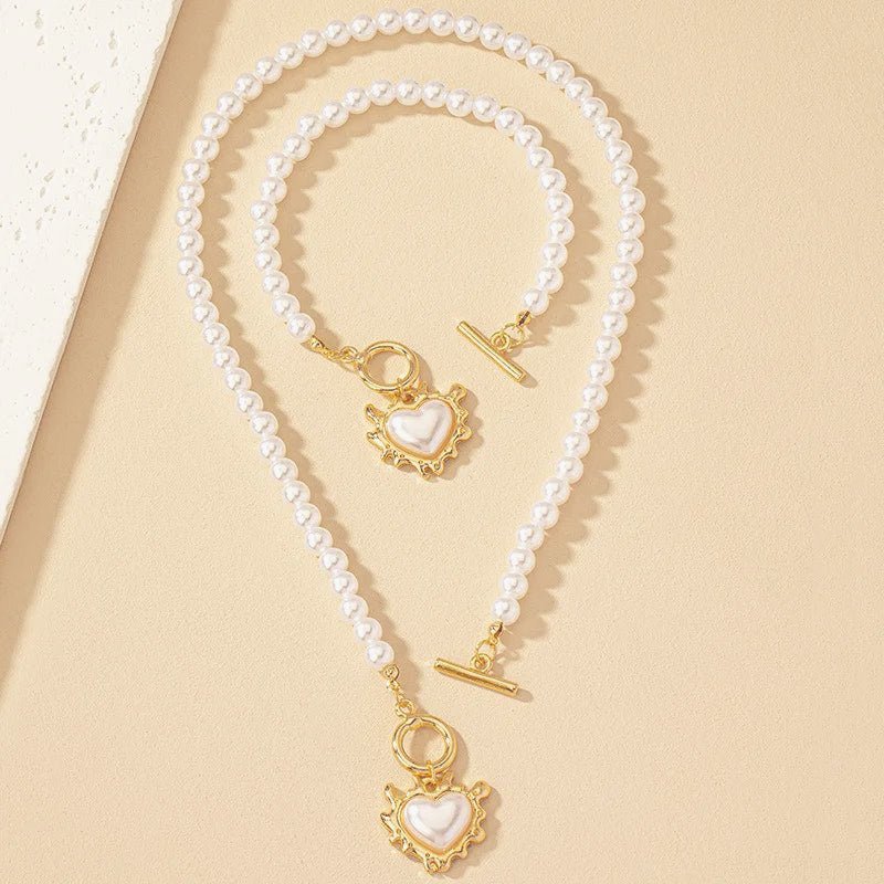 Zahara | 2pc Beaded Heart Pendant Bracelet and Necklace Set – Luxury Designer Jewelry Set & Minimalist Layering Chain