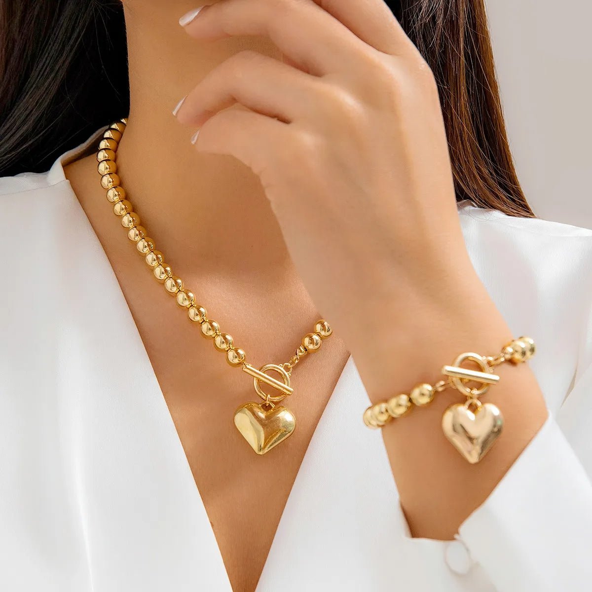 Zahara | 2pc Beaded Heart Pendant Bracelet and Necklace Set – Luxury Designer Jewelry Set & Minimalist Layering Chain Golden Grace