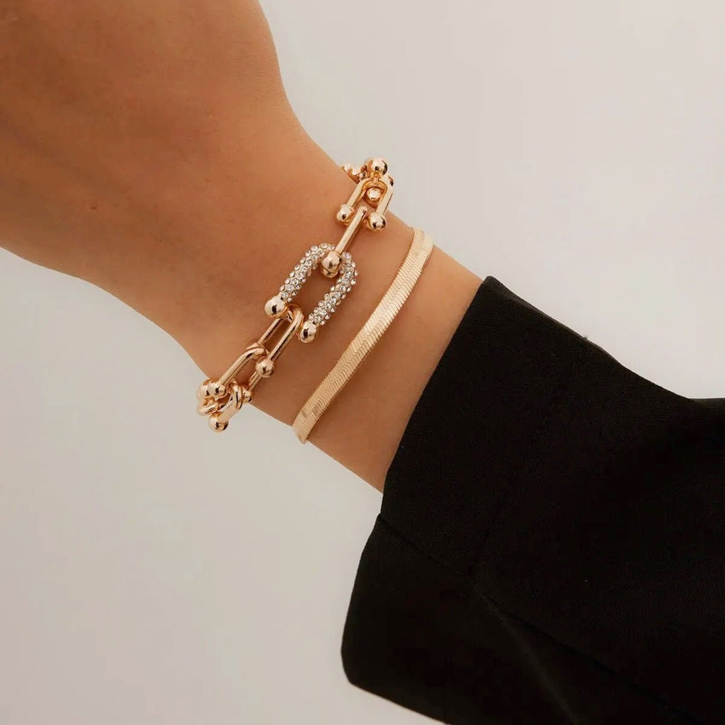 Lumina | 2pc Statement Chain Lock & Herringbone Bracelet – Luxury Designer Jewelry Set & Minimalist Layering Chain Gold
