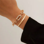 Lumina | 2pc Statement Chain Lock & Herringbone Bracelet – Luxury Designer Jewelry Set & Minimalist Layering Chain Gold