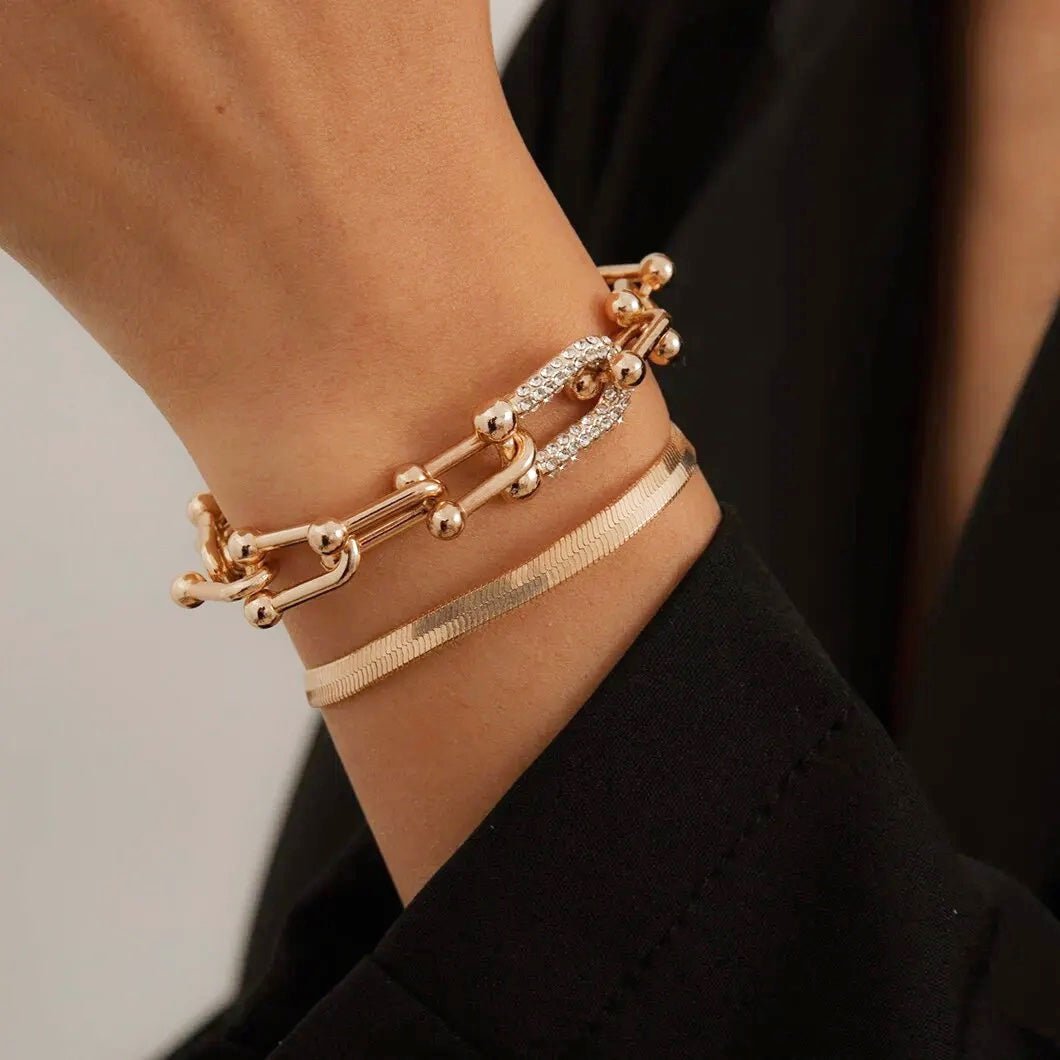 Lumina | 2pc Statement Chain Lock & Herringbone Bracelet – Luxury Designer Jewelry Set & Minimalist Layering Chain