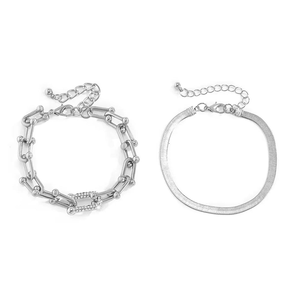 Lumina | 2pc Statement Chain Lock & Herringbone Bracelet – Luxury Designer Jewelry Set & Minimalist Layering Chain
