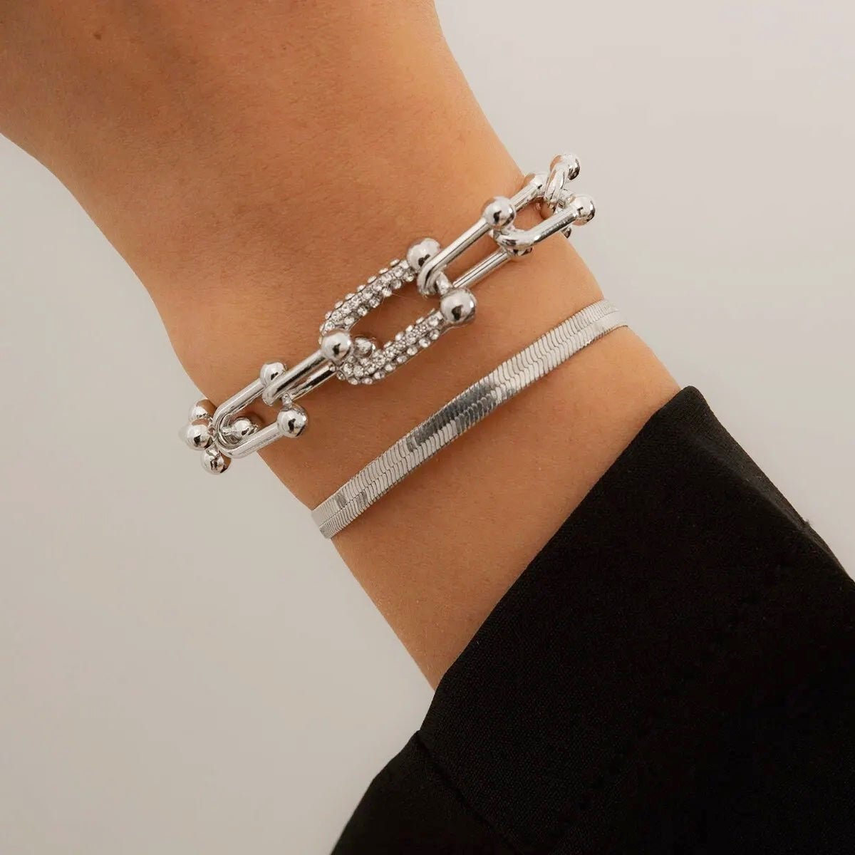 Lumina | 2pc Statement Chain Lock & Herringbone Bracelet – Luxury Designer Jewelry Set & Minimalist Layering Chain