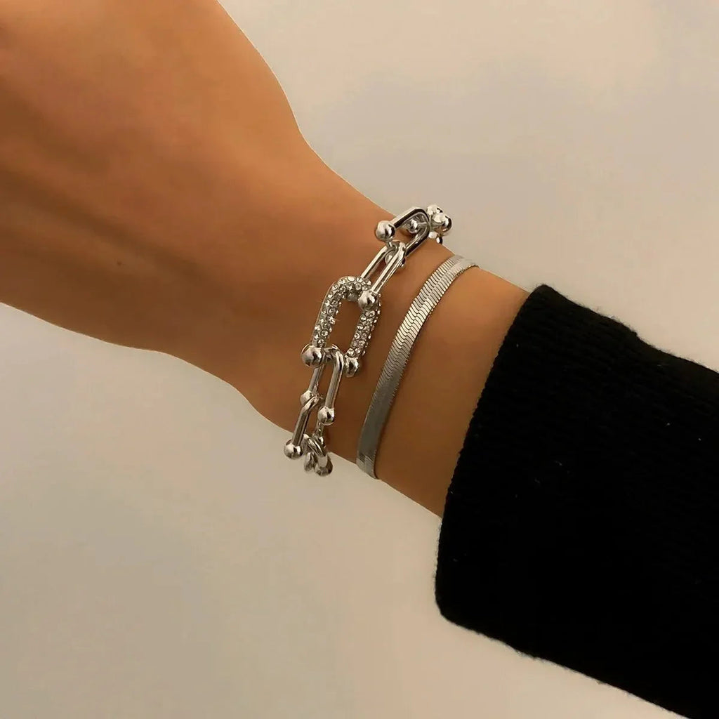 Lumina | 2pc Statement Chain Lock & Herringbone Bracelet – Luxury Designer Jewelry Set & Minimalist Layering Chain Silver