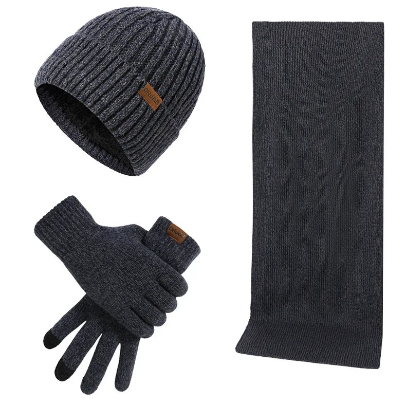 Hommes | Men's 3-Piece Winter Accessories Set - Knitted Beanie Hat, Scarf & Touchscreen Gloves Navy blue