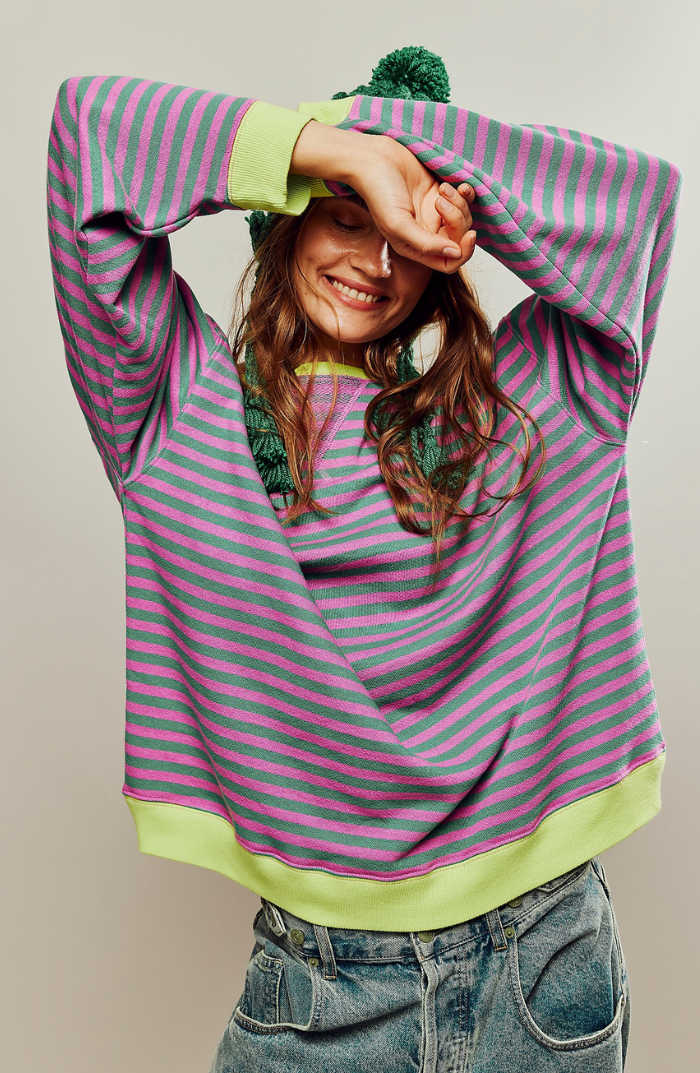 Mechi | Women's Striped Oversized Sweater - Loose Fit Knit Pullover Green & Pink