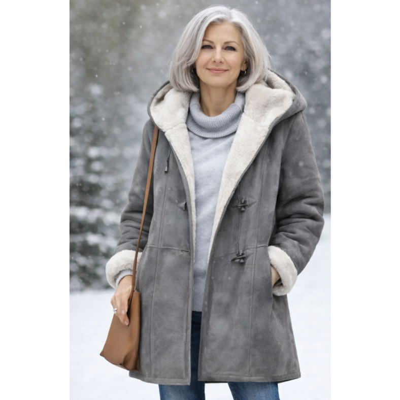 Bersh | Women's Sherpa Winter Coat - Warm & Cozy Teddy Fleece Jacket with Hood Gray