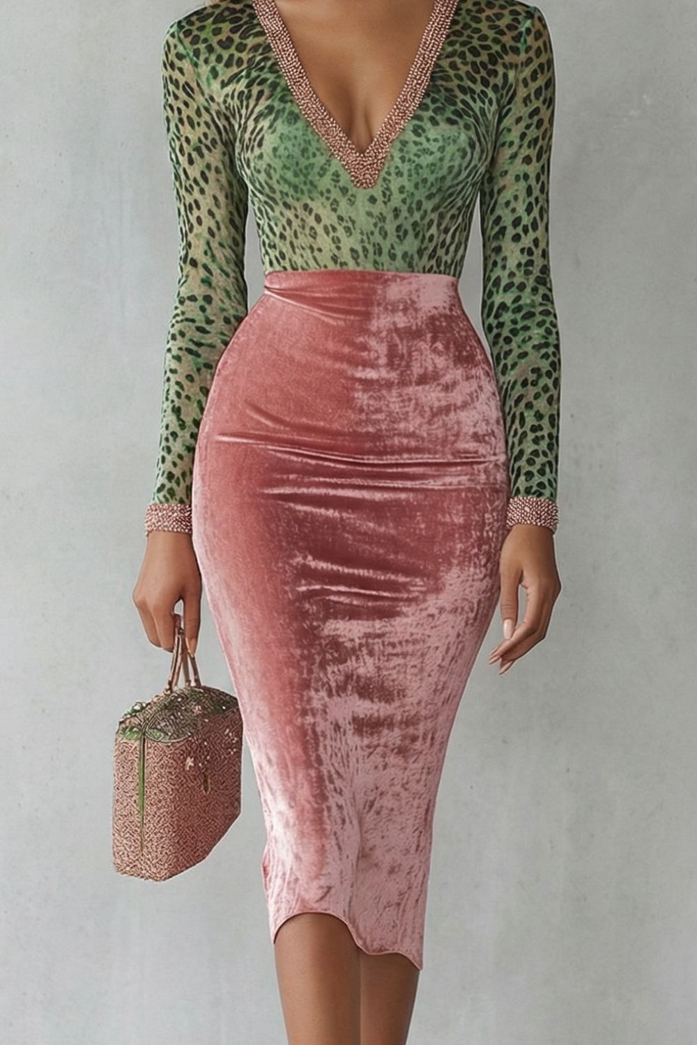 Varilane | Leopard velvet contrast – Bodycon midi dress