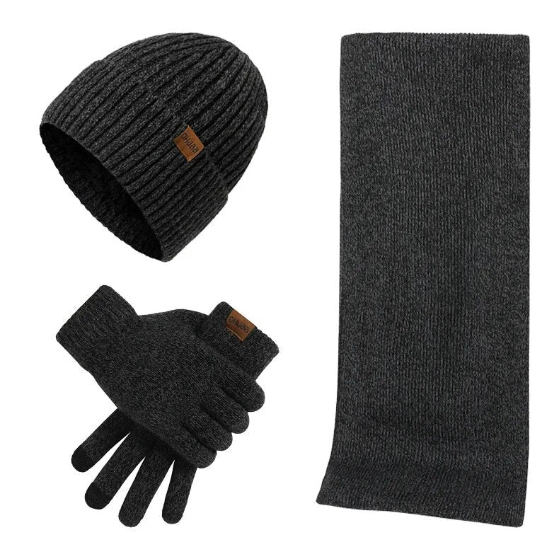 Hommes | Men's 3-Piece Winter Accessories Set - Knitted Beanie Hat, Scarf & Touchscreen Gloves Dark gray