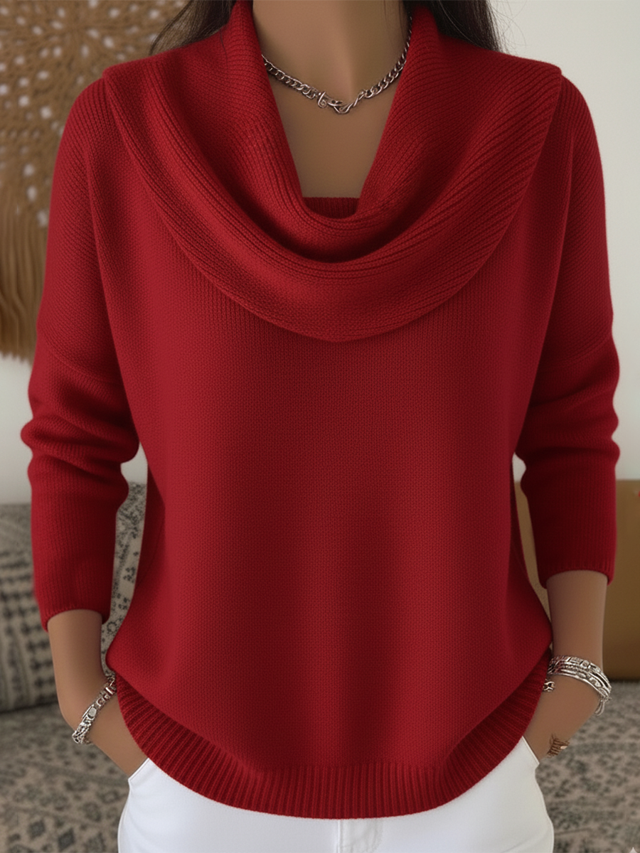 Pamelo | Women's Cowl Neck Sweater - Soft Long Sleeve Knit Pullover & Slouchy Jumper Red