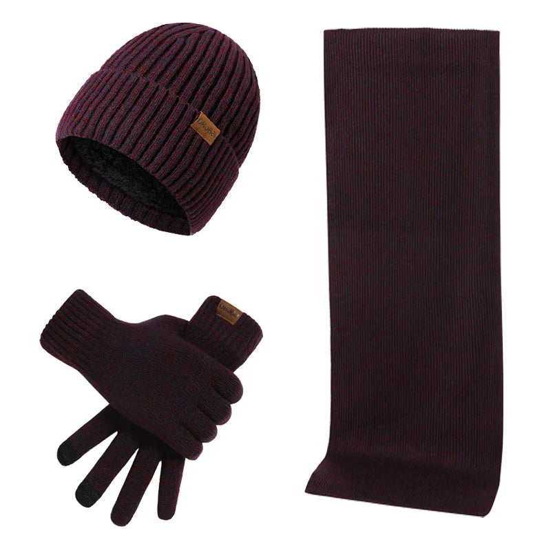 Hommes | Men's 3-Piece Winter Accessories Set - Knitted Beanie Hat, Scarf & Touchscreen Gloves Burgundy
