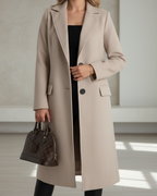 Umami | Women's Button-Front Coat - Classic Tailored Wool Blend Longline Overcoat Beige