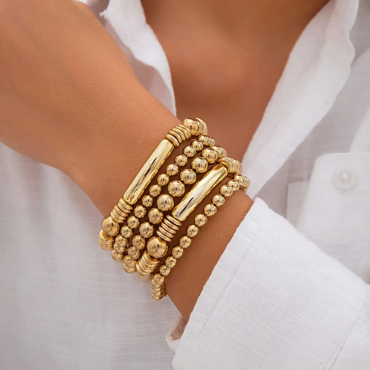 Flōre | 5pc Beaded Bracelet Stack Set – Luxury Designer Jewelry Set & Slimming Minimalist Wrist Cuff Gold