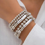 Flōre | 5pc Beaded Bracelet Stack Set – Luxury Designer Jewelry Set & Slimming Minimalist Wrist Cuff Silver