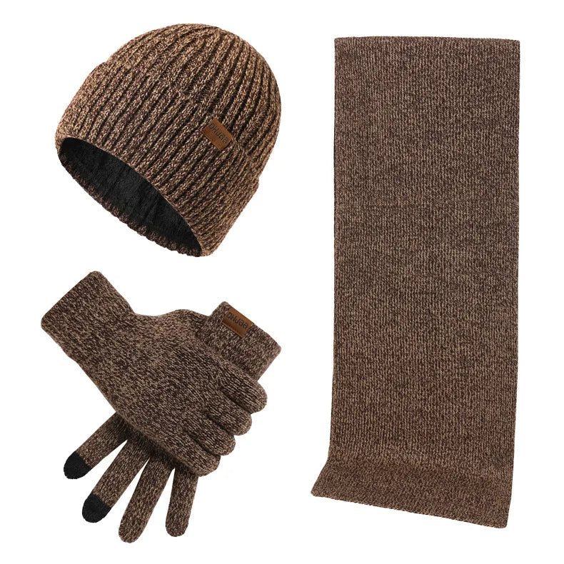 Hommes | Men's 3-Piece Winter Accessories Set - Knitted Beanie Hat, Scarf & Touchscreen Gloves Khaki