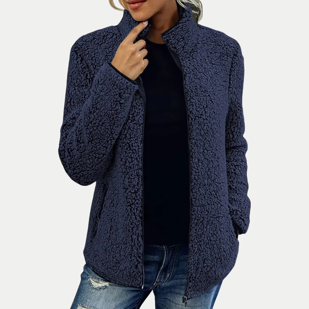 Mechi | Women's Fleece Jacket | Textured Surface Pattern Navy Blue
