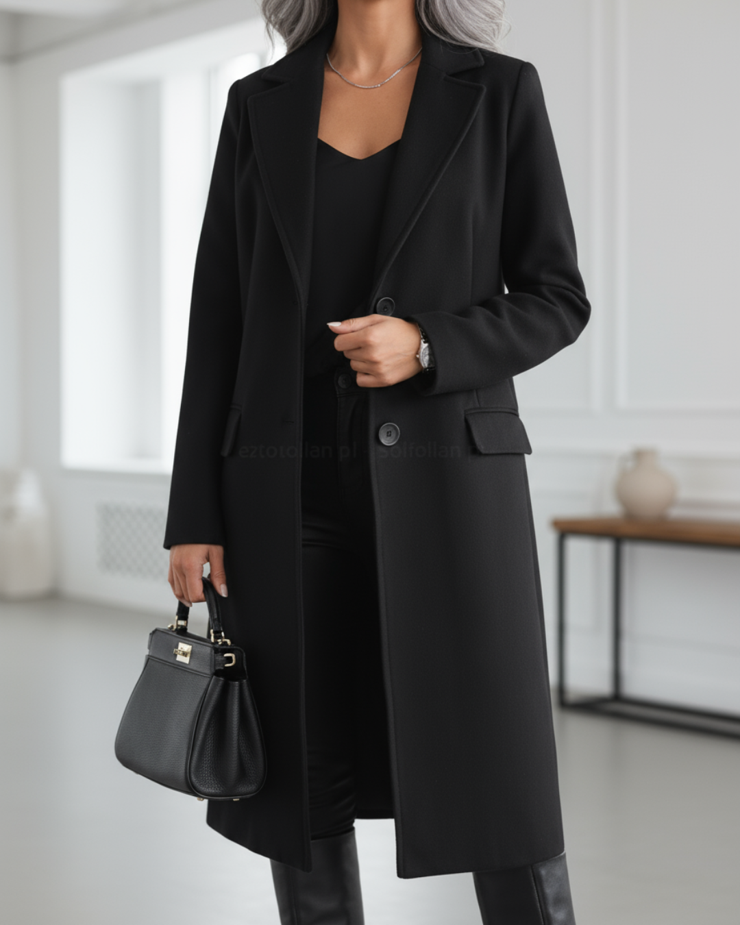 Umami | Women's Button-Front Coat - Classic Tailored Wool Blend Longline Overcoat Black