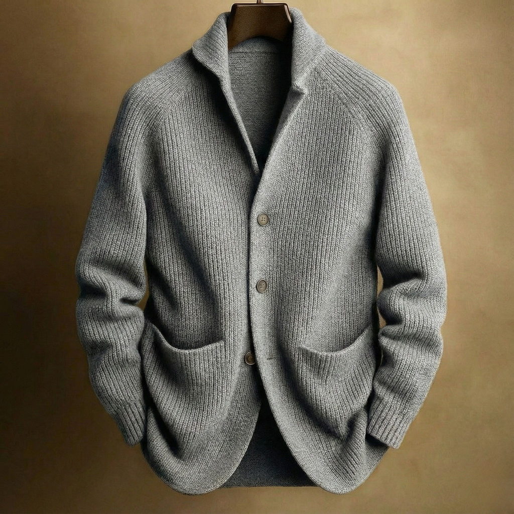 Zipari | Men's Ribbed Cardigan - Full-Zip Knitted Sweater & Stand Collar Warm Jumper Grey
