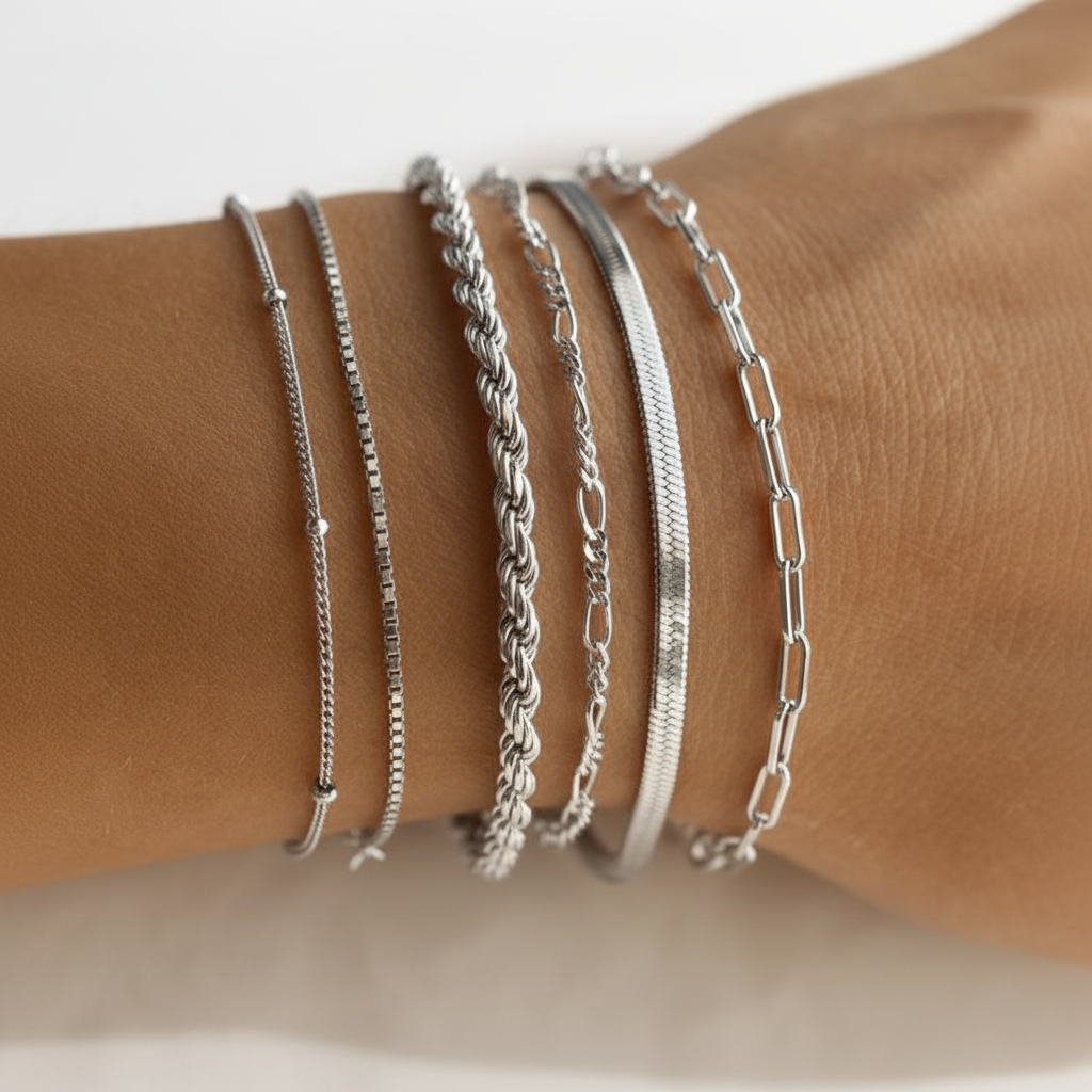 Elora | 6pc Classic Bracelets Stack – Luxury Designer Bangle Set & Slimming Minimalist Wrist Cuff Silver