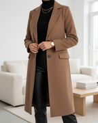 Umami | Women's Button-Front Coat - Classic Tailored Wool Blend Longline Overcoat Brown