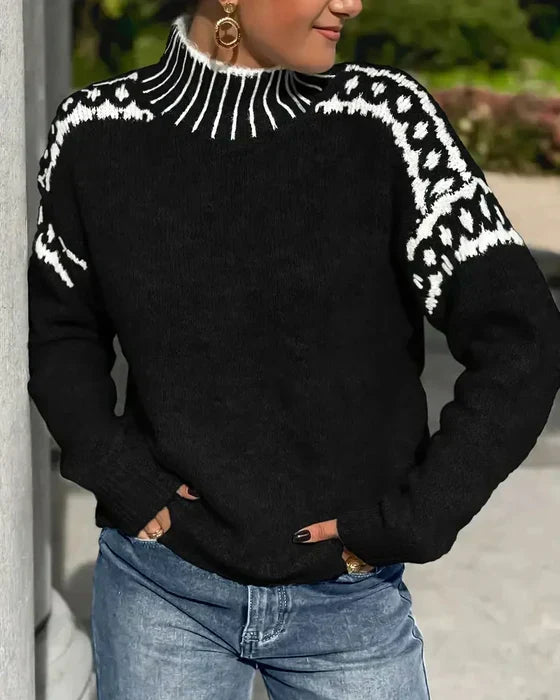 Roque | Women's Patterned Shoulder Sweater - Nordic Fair Isle Knit Pullover & Jumper Black