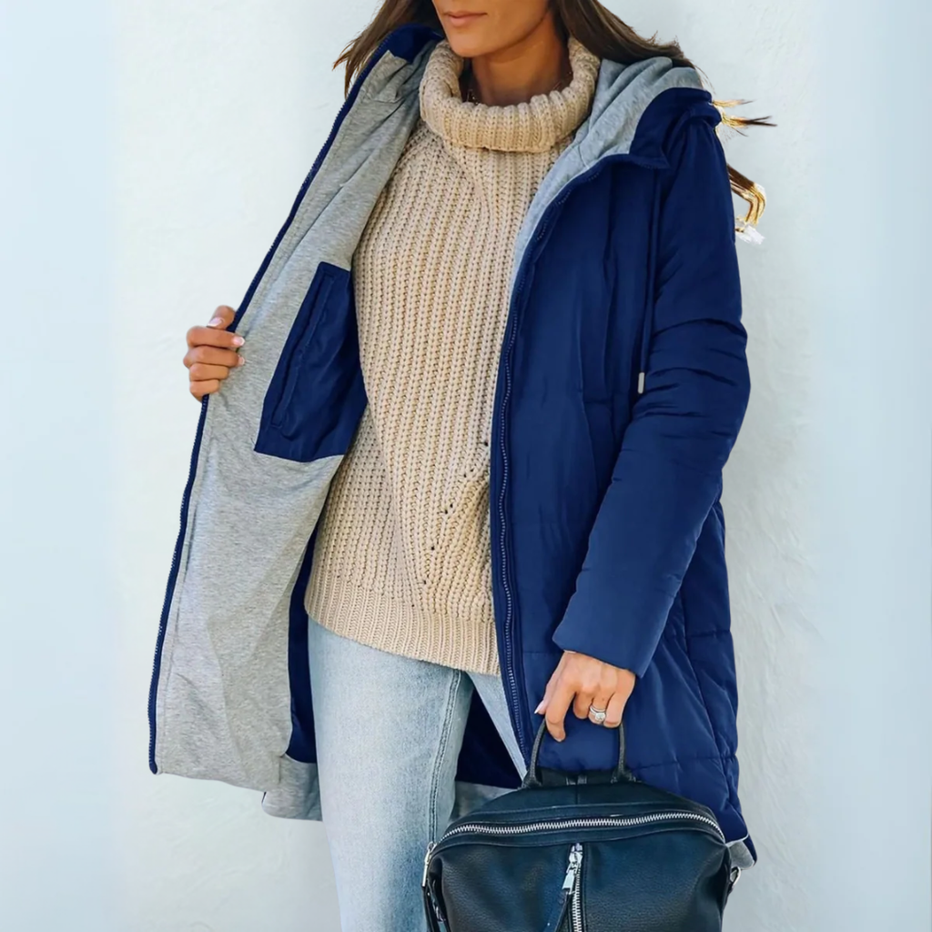 Pamelo | Women's Elegant Hooded Winter Coat - Warm Padded Puffer & Long Wool Parka Blue