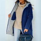 Pamelo | Women's Elegant Hooded Winter Coat - Warm Padded Puffer & Long Wool Parka Blue