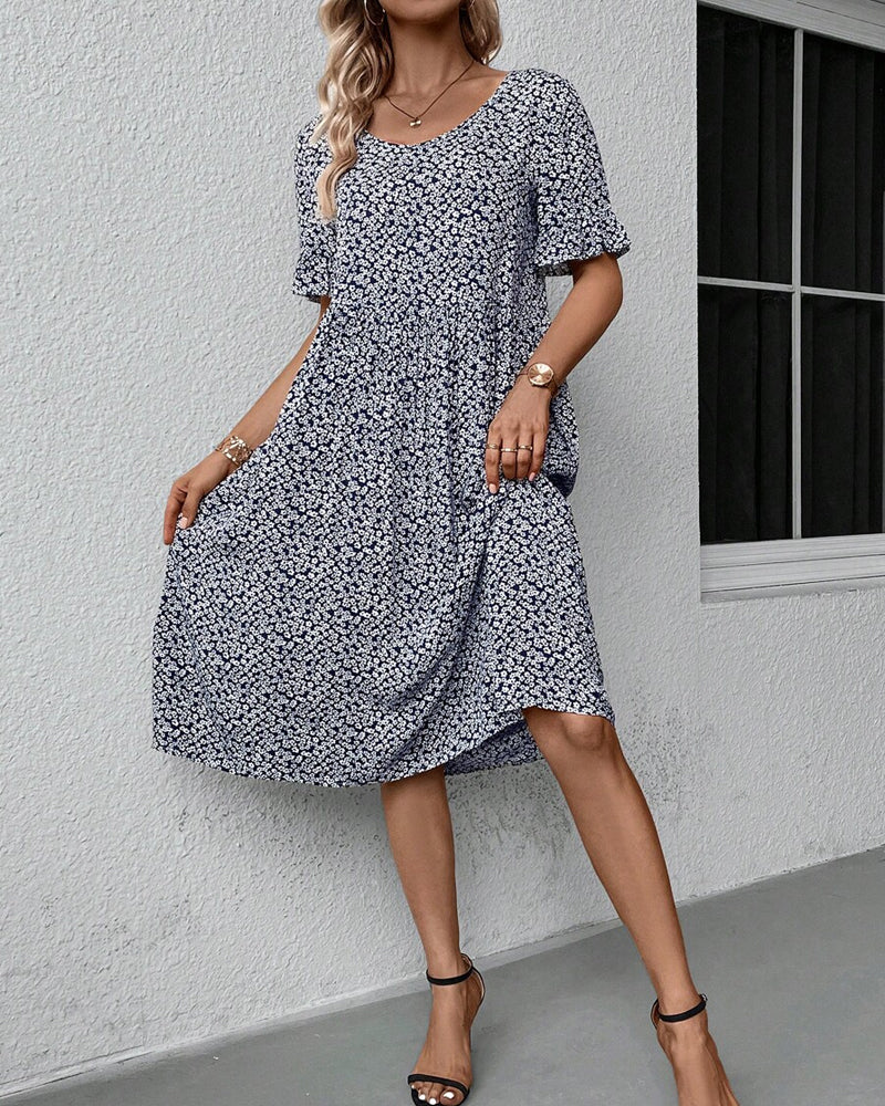 Damaris | Midi Dress with Floral Print, Round Neck and Short Sleeves for Women | Ideal for Day and Evening