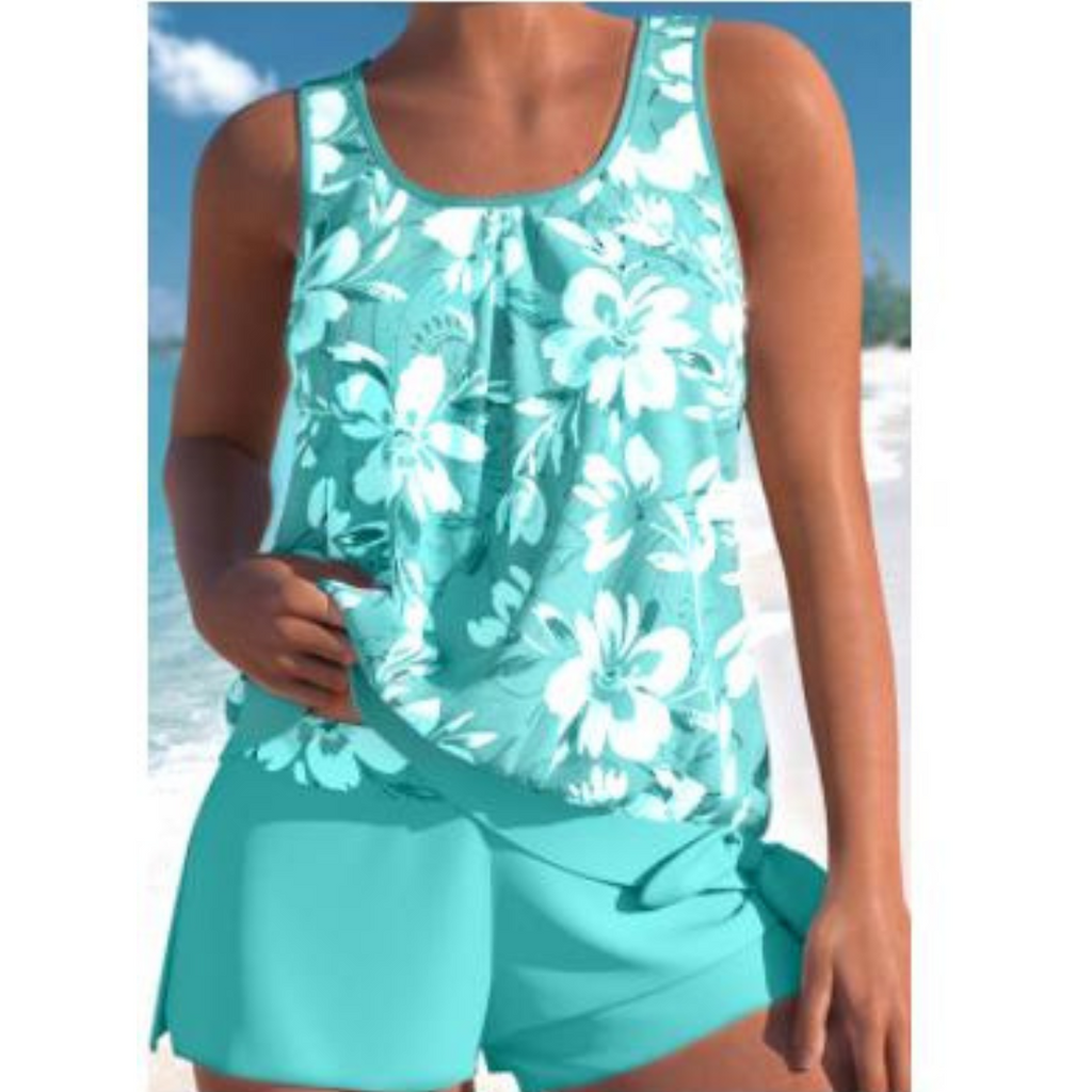 Women’s Two-Tone Tankini Set – Wild-Bloom Contrast, Sculpted Active Silhouette & Serene Aquatic Majesty aqua blue