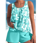 Women’s Two-Tone Tankini Set – Wild-Bloom Contrast, Sculpted Active Silhouette & Serene Aquatic Majesty aqua blue