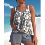 Women’s Two-Tone Tankini Set – Wild-Bloom Contrast, Sculpted Active Silhouette & Serene Aquatic Majesty grey