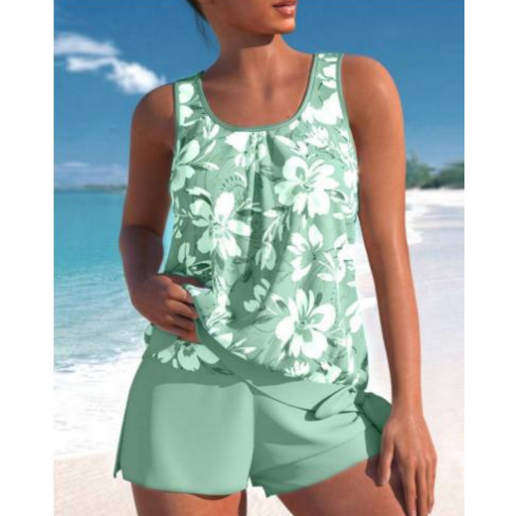 Women’s Two-Tone Tankini Set – Wild-Bloom Contrast, Sculpted Active Silhouette & Serene Aquatic Majesty green