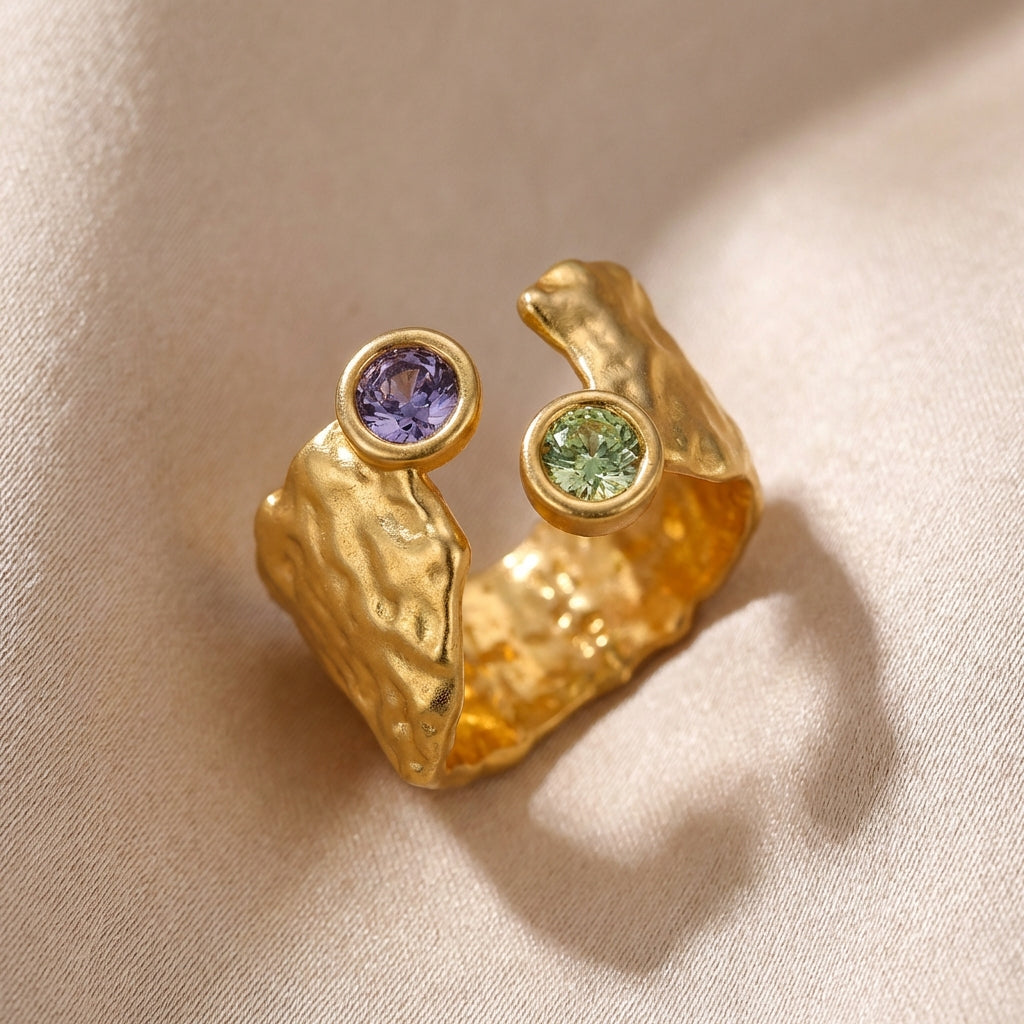 Dôre | Adjustable Asymmetrical Hammered Gold Plated Zirconia Inlaid Ring Default
