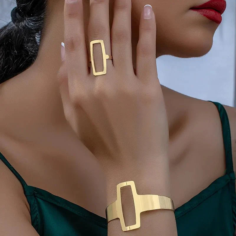 Dôre | Adjustable Geometric Rectangle Bracelet and Ring Set Default