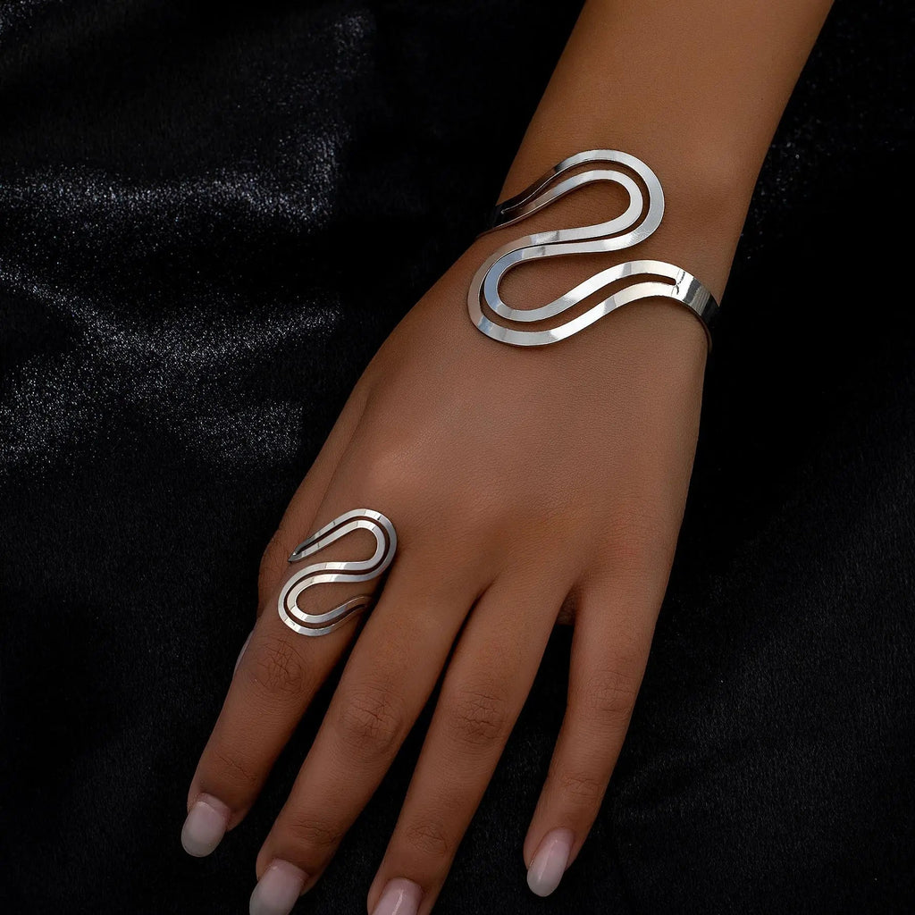 Flōre | Adjustable Modern Swirl Bracelet and Ring Set – Luxury Designer Jewelry Set & Minimalist Open Bangle Silver