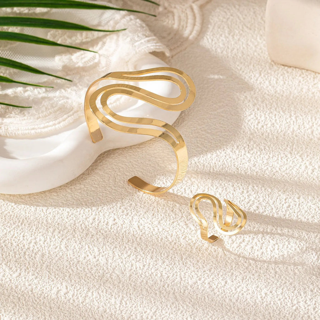Flōre | Adjustable Modern Swirl Bracelet and Ring Set – Luxury Designer Jewelry Set & Minimalist Open Bangle